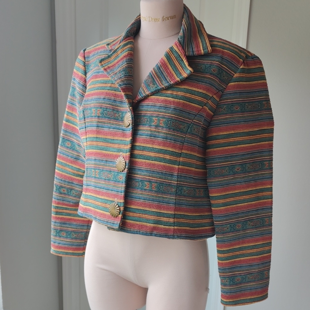 Cropped Multicolor Striped Blazer - Teal, Coral & Mustard